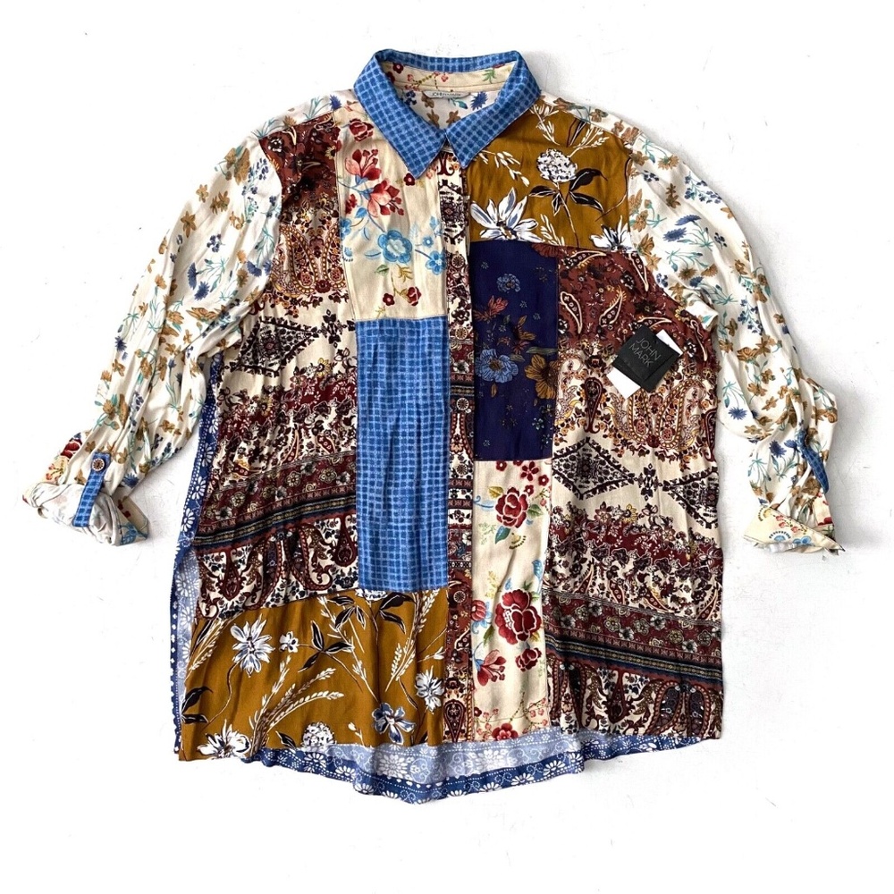 John Mark Multi Patchwork Print Long Roll-Tab Sleeve Button Front Tunic Petite